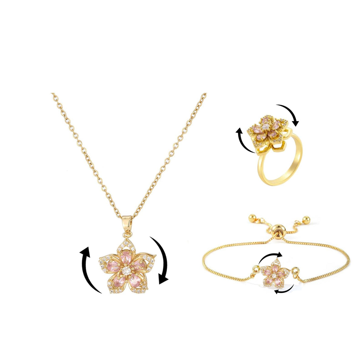Necklace for Women Gold Flower Fidget Necklace Rotatable Crystal Silver Blossom Pendant Necklaces Adjustable Spinning Fidget Necklaces Redbud Flower Choker Funny Gift Jewelry