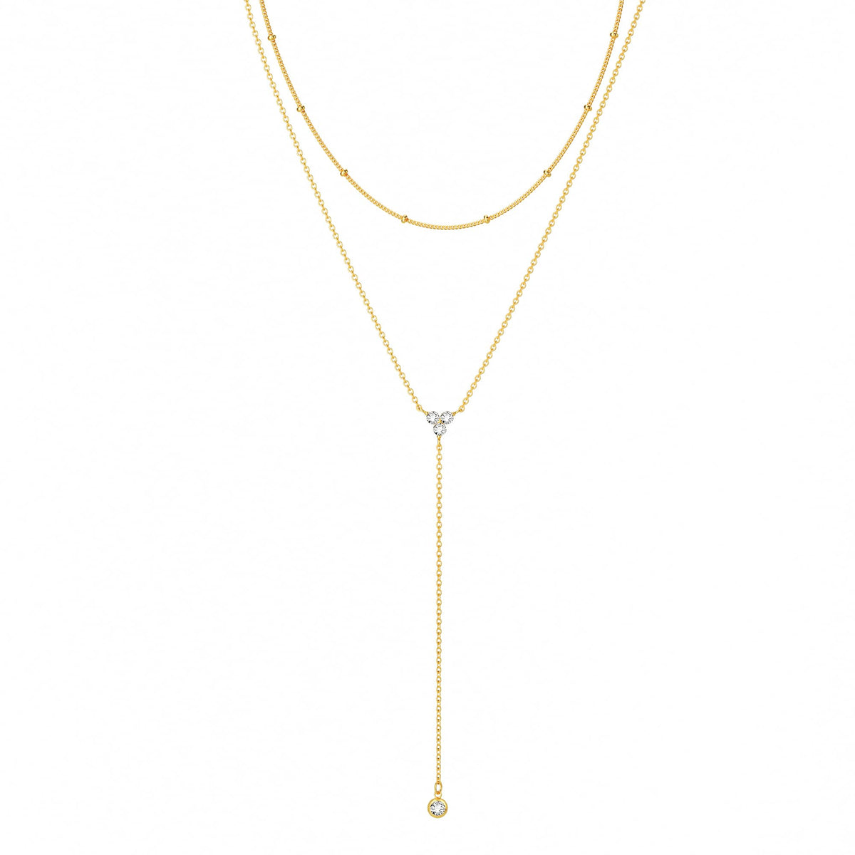 Foxgirl Lariat Gold Necklace for Women, Dainty Long Necklace 14k Gold Plated/Silver Y-Shaped Pendant Necklace Trendy Layered Cz Beaded Chain Drop Necklaces Simple Gold Jewelry For Women Gift