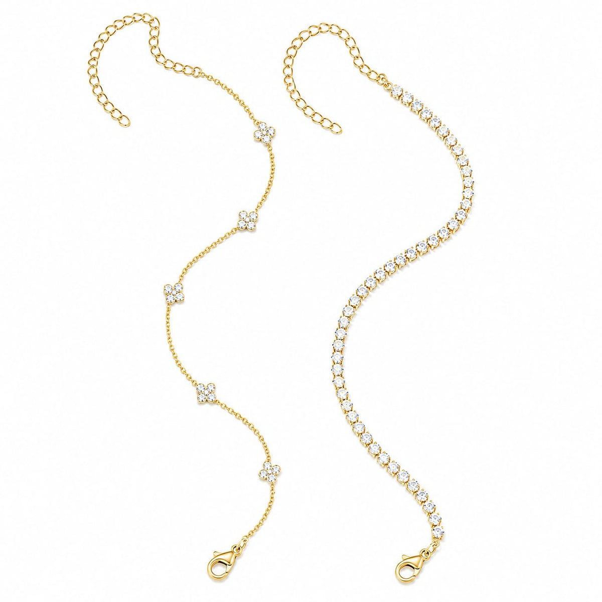 14K Gold Plated Clover Anklets for Women, Dainty CZ Floral Layered Ankle Bracelets, Waterproof Summer Beach Foot Jewelry Gifts for Women