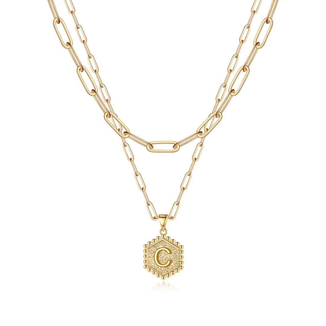 M MOOHAM Dainty Initial Necklaces for Women, 14K-Gold-Plated Layering Necklace for Women Cute Hexagon Letter Initial Necklace Layered Necklaces for Womens Teen Girl Gifts