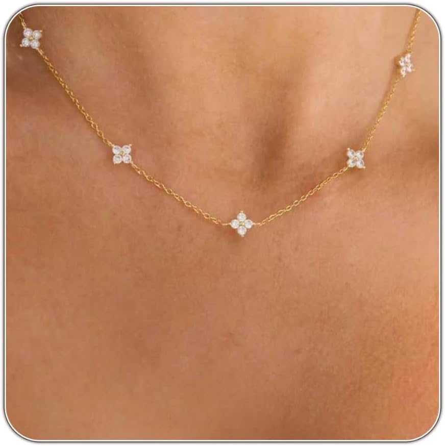 Dainty Silver Gold Necklaces for Women Cute Station Choker Simulated Diamond Necklace Simple Layering CZ Necklace Trendy Jewelry Gifts