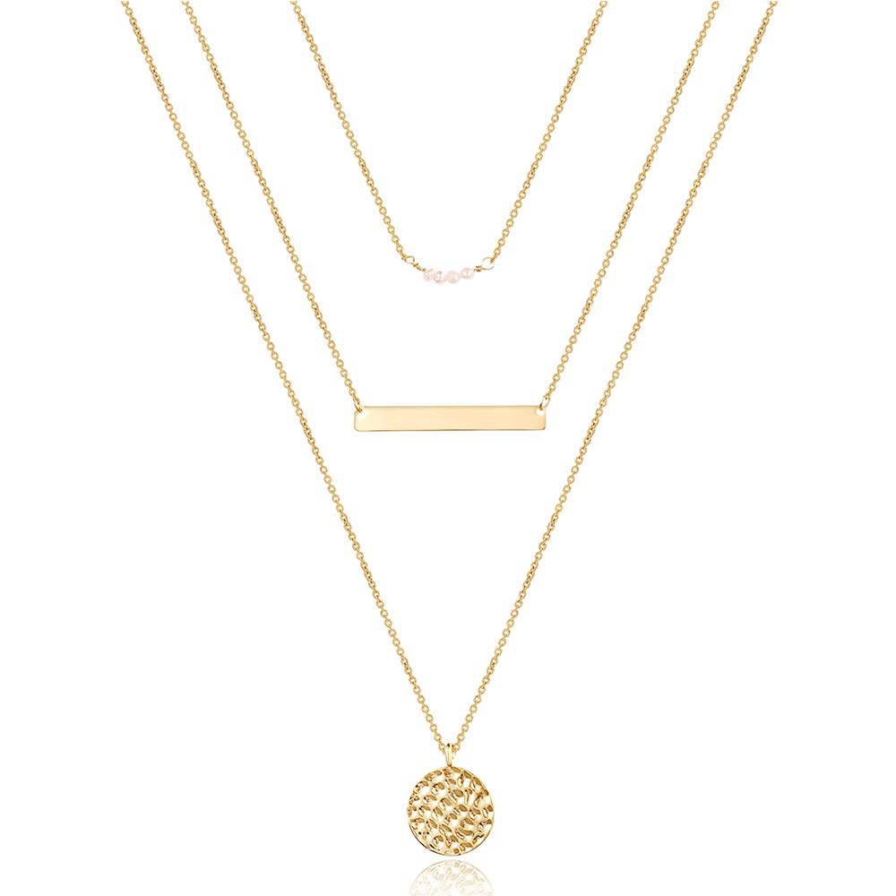Turandoss Dainty Layered Choker Necklace, Handmade Y Pendant Necklace Multilayer Bar Disc Necklace Adjustable Layering Choker Necklaces for Women