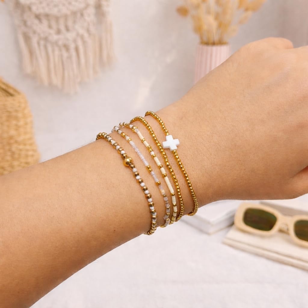 Gold Bracelets for Women, Beaded Cross Stack, Non Tarnish Set，Set-1