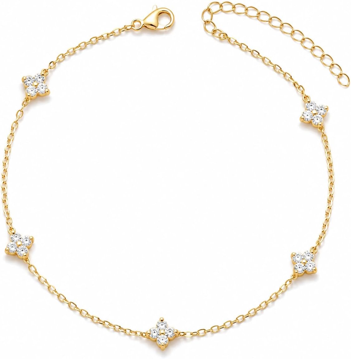 14K Gold Plated Clover Anklets for Women, Dainty CZ Floral Layered Ankle Bracelets, Waterproof Summer Beach Foot Jewelry Gifts for Women