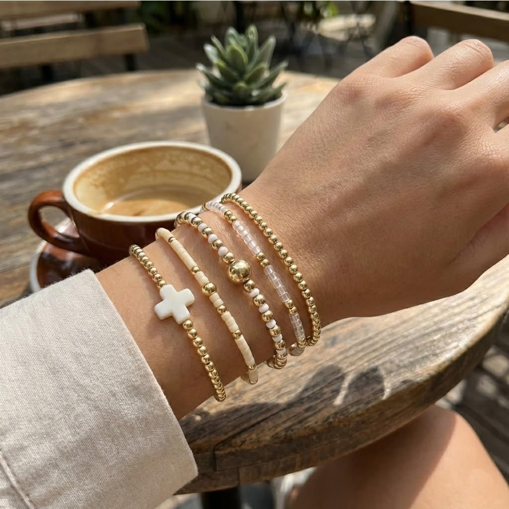 Gold Bracelets for Women, Beaded Cross Stack, Non Tarnish Set，Set-1