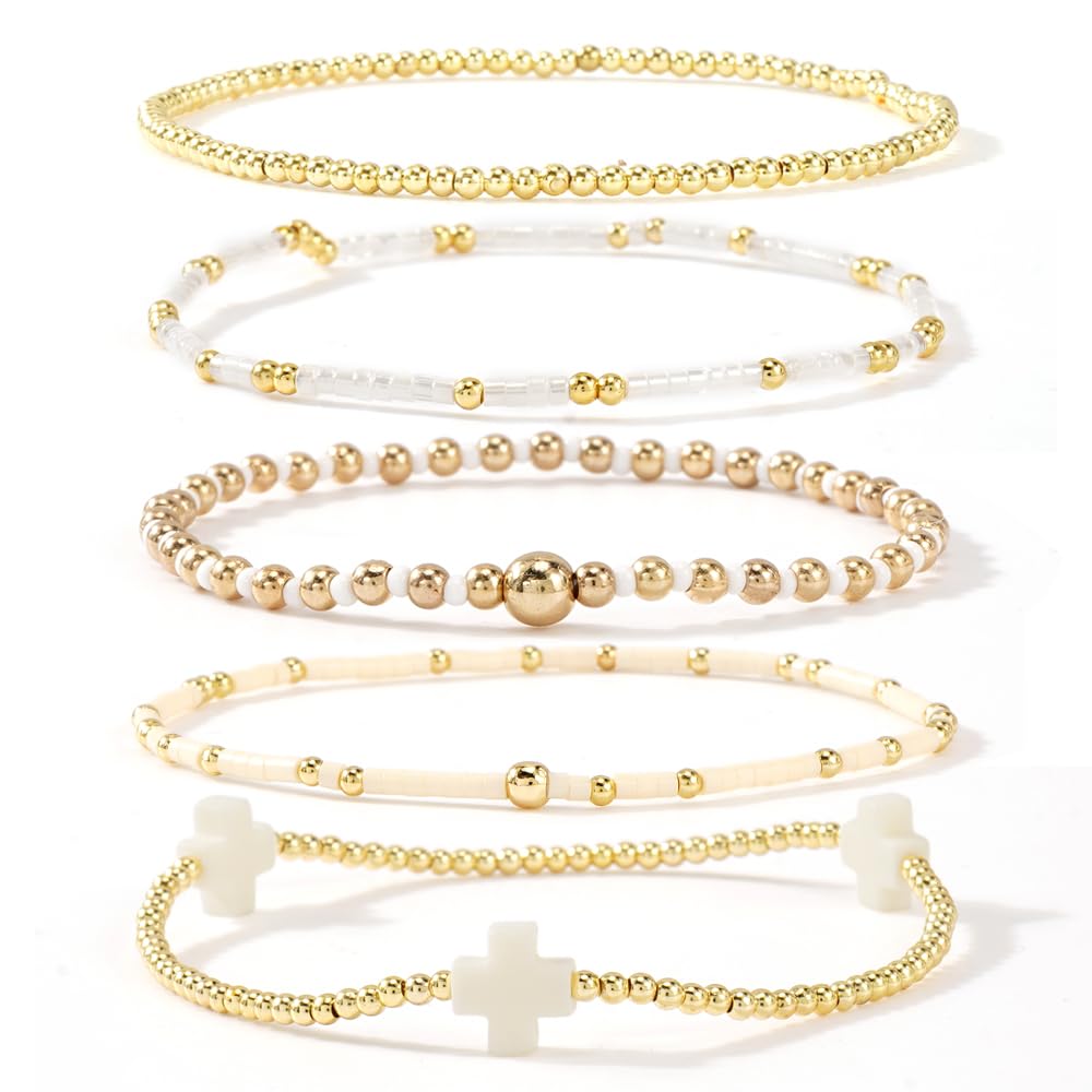 Gold Beaded Bracelets Stack for Women Stackable 14K Gold Plated Beads Ball Cross Bracelet Boho Christian Jewelry Faith Friendship Birthday Gifts for Women