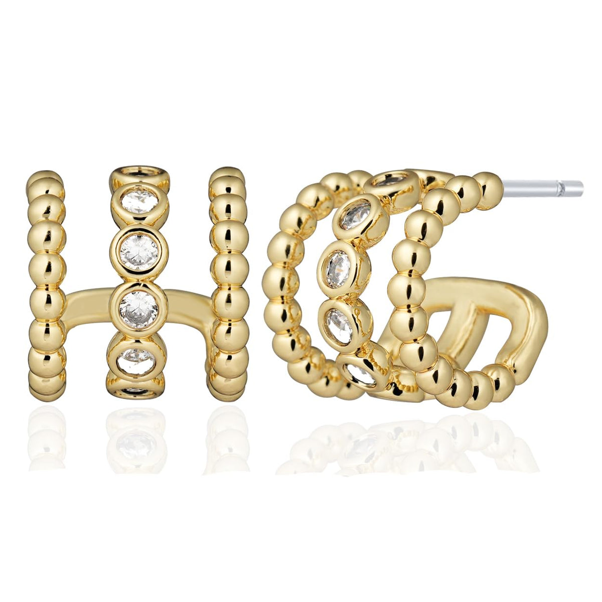 Obidos 14K Gold Plated Illusion Stud Earrings for Women | Triple Huggie Hoop Earrings for One Hole| Trendy Simple Hypoallergenic Fashion Accessories Gold Jewelry Gifts for Womens