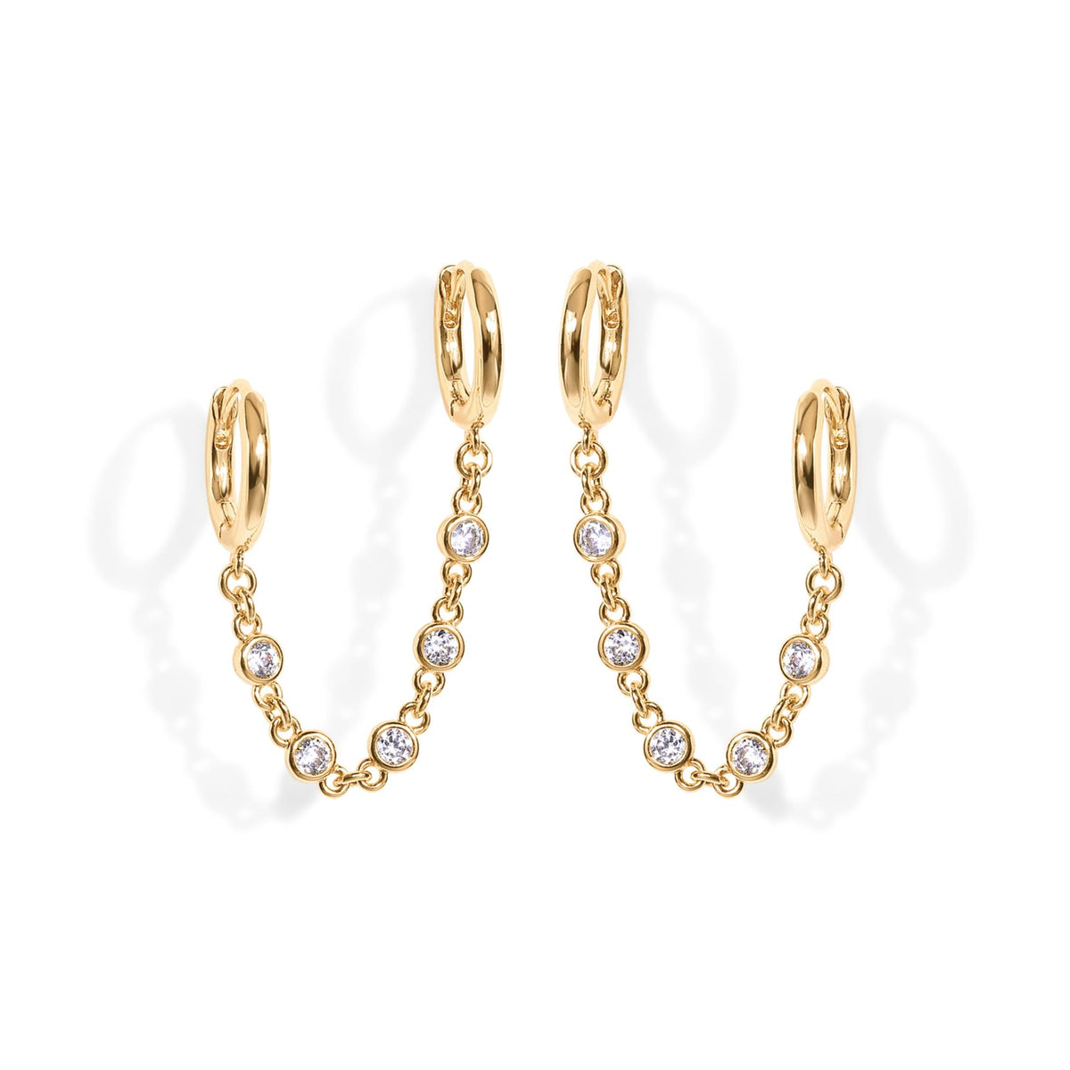 PAVOI 14K Gold Chain Earrings for Women | Double Piercing Dangle Chain Huggie Hoop Earrings | Cubic Zirconia Pearl Stud Ear Earrings for Women