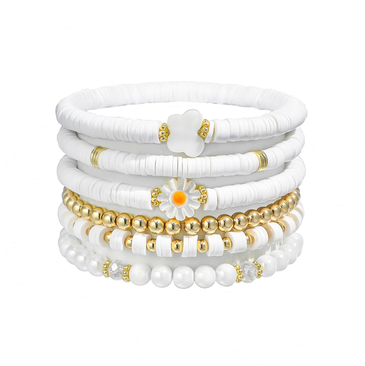 GOOJIDS Surfer Heishi Clay Bead Bracelets for Women Bohemian Stackable Gold Plated Beaded Stretch Bracelets Elastic Layering Friendship Bracelets Set Boho Jewelry