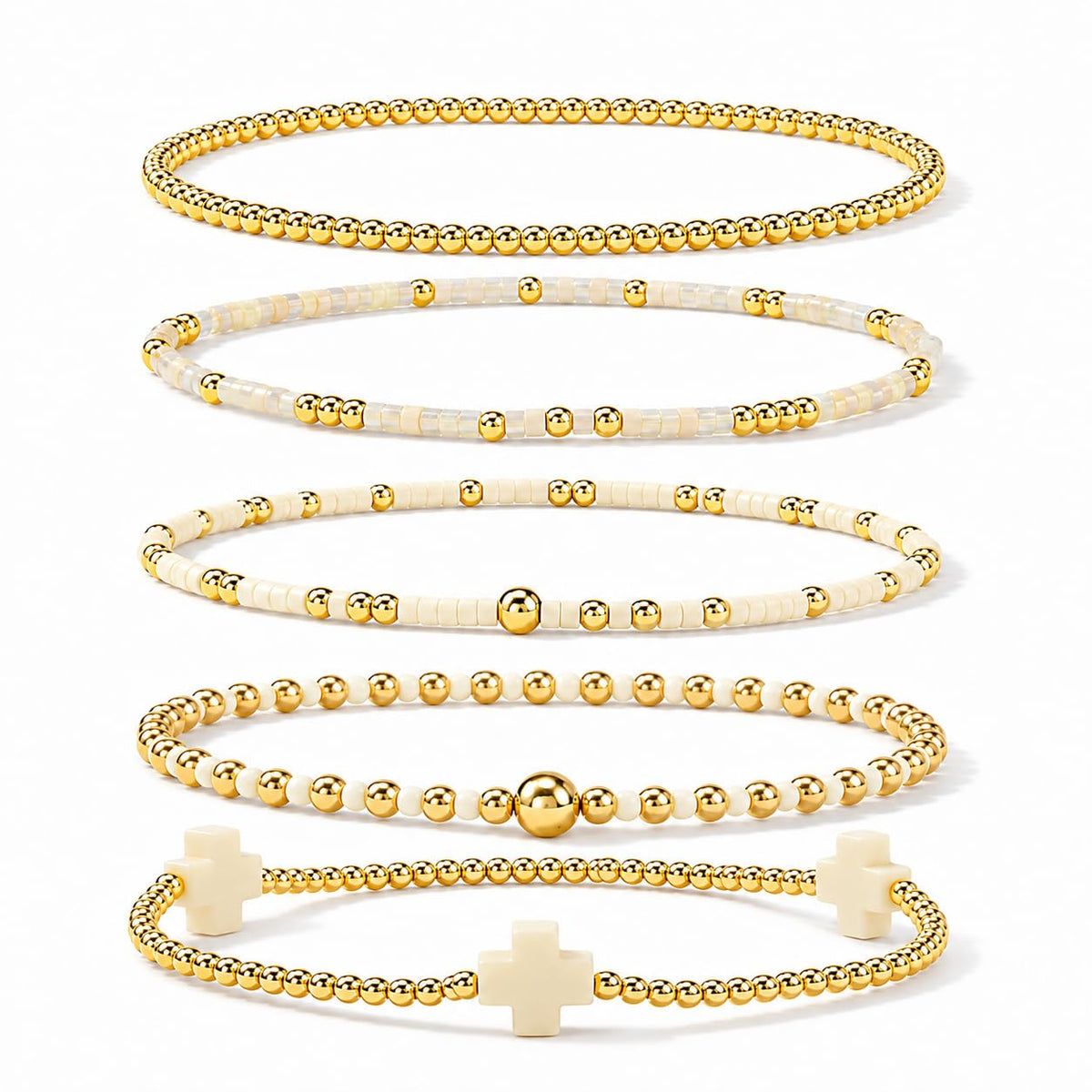 Gold Bracelets for Women, Beaded Cross Stack, Non Tarnish Set，Set-1