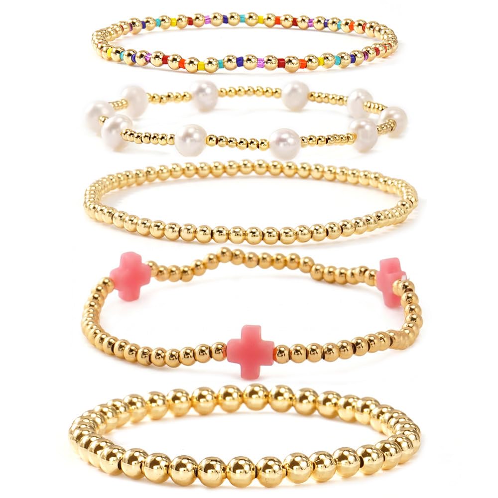 Gold Beaded Bracelets Stack for Women Stackable 14K Gold Plated Beads Ball Cross Bracelet Boho Christian Jewelry Faith Friendship Birthday Gifts for Women