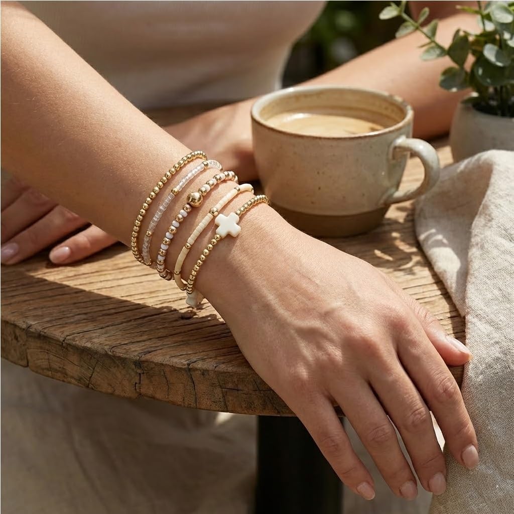 Gold Bracelets for Women, Beaded Cross Stack, Non Tarnish Set，Set-1