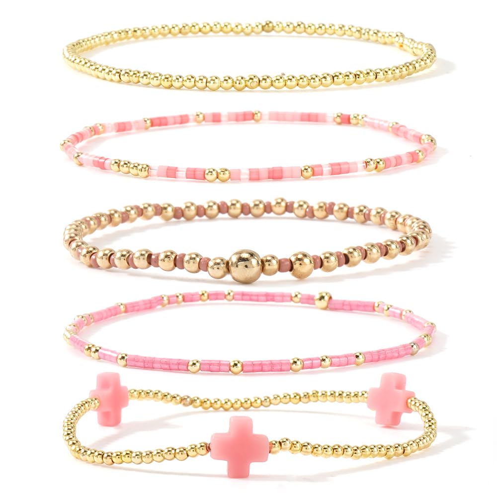 Gold Beaded Bracelets Stack for Women Stackable 14K Gold Plated Beads Ball Cross Bracelet Boho Christian Jewelry Faith Friendship Birthday Gifts for Women