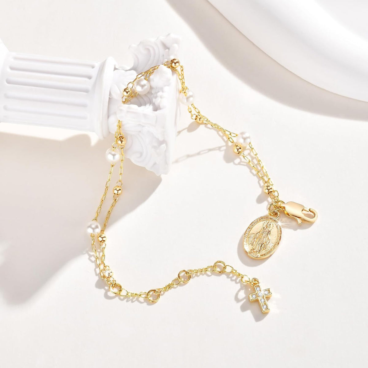 Virgin Mary Cross Bracelet for Women -14K Gold Plated Rosary Chain Bracelet