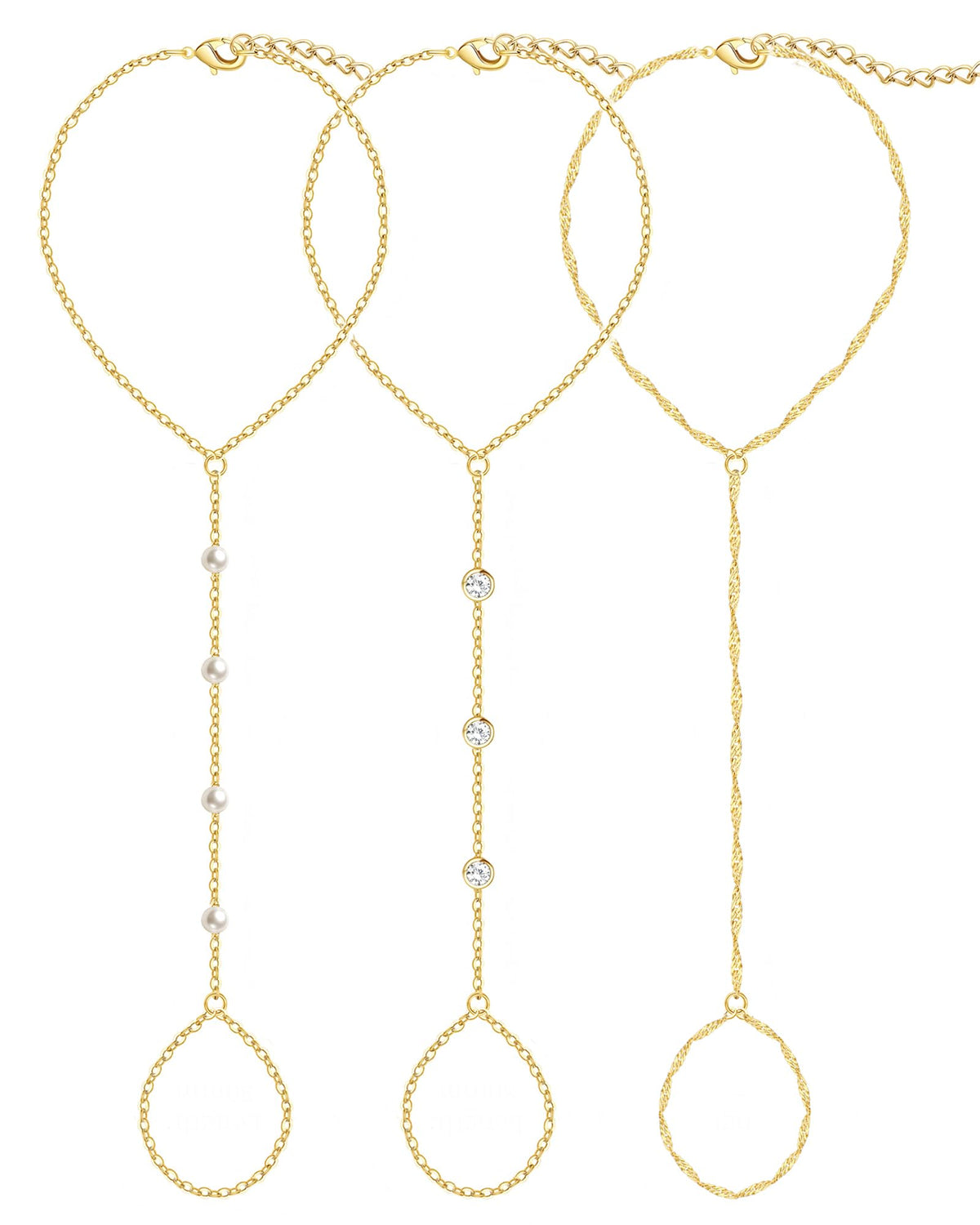3PCS 14K Gold-Plated Hand Chain Bracelets for Women, Stack Bracelets Set Adjustable, Trendy Dainty Ring Bracelet Hand Chain
