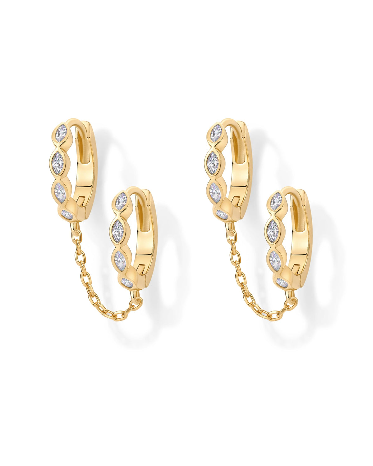 PAVOI 14K Gold Chain Earrings for Women | Double Piercing Dangle Chain Huggie Hoop Earrings | Cubic Zirconia Pearl Stud Ear Earrings for Women