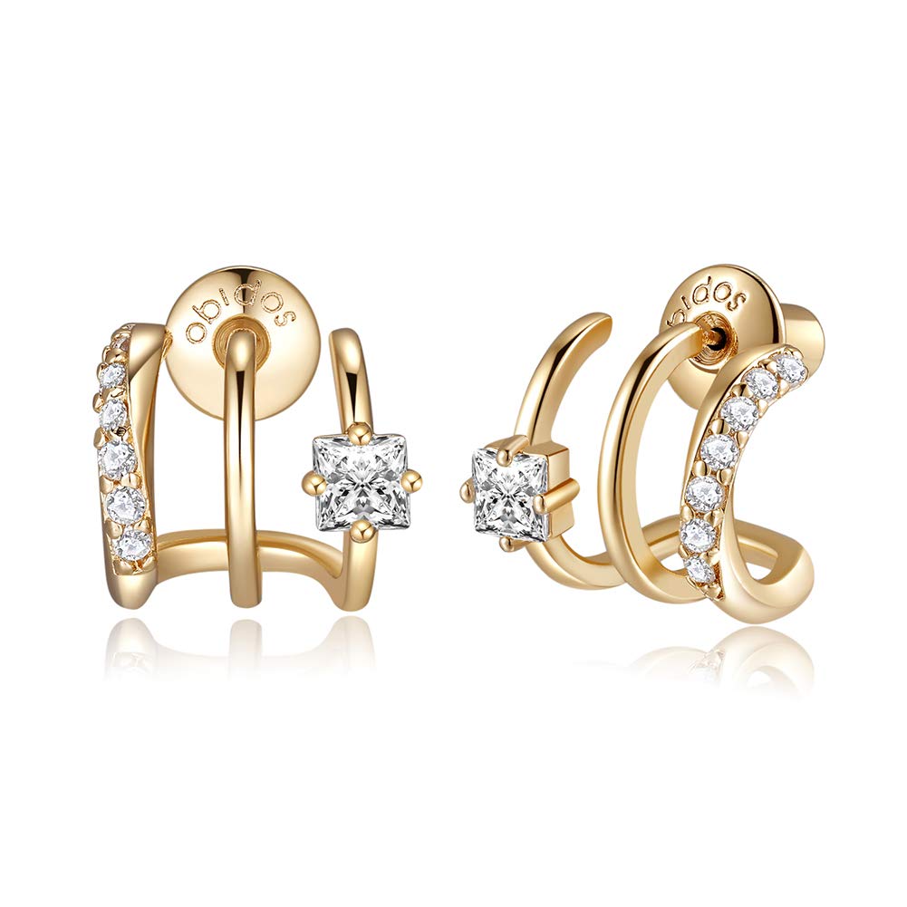 Obidos 14K Gold Plated Illusion Stud Earrings for Women | Triple Huggie Hoop Earrings for One Hole| Trendy Simple Hypoallergenic Fashion Accessories Gold Jewelry Gifts for Womens