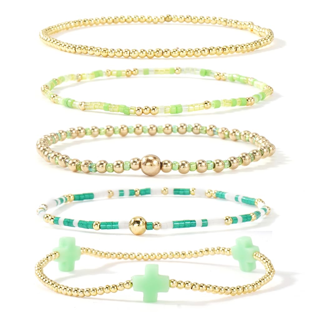 Gold Beaded Bracelets Stack for Women Stackable 14K Gold Plated Beads Ball Cross Bracelet Boho Christian Jewelry Faith Friendship Birthday Gifts for Women