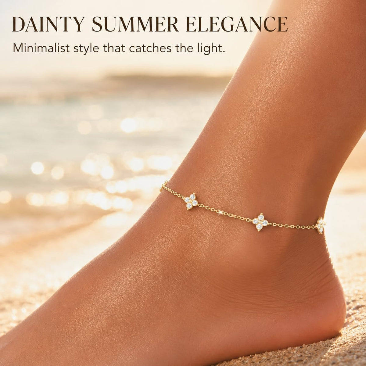 14K Gold Plated Clover Anklets for Women, Dainty CZ Floral Layered Ankle Bracelets, Waterproof Summer Beach Foot Jewelry Gifts for Women