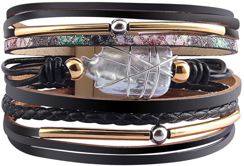Fesciory Leather Wrap Bracelet for Women, Boho Western Layered Cuff Jewelry