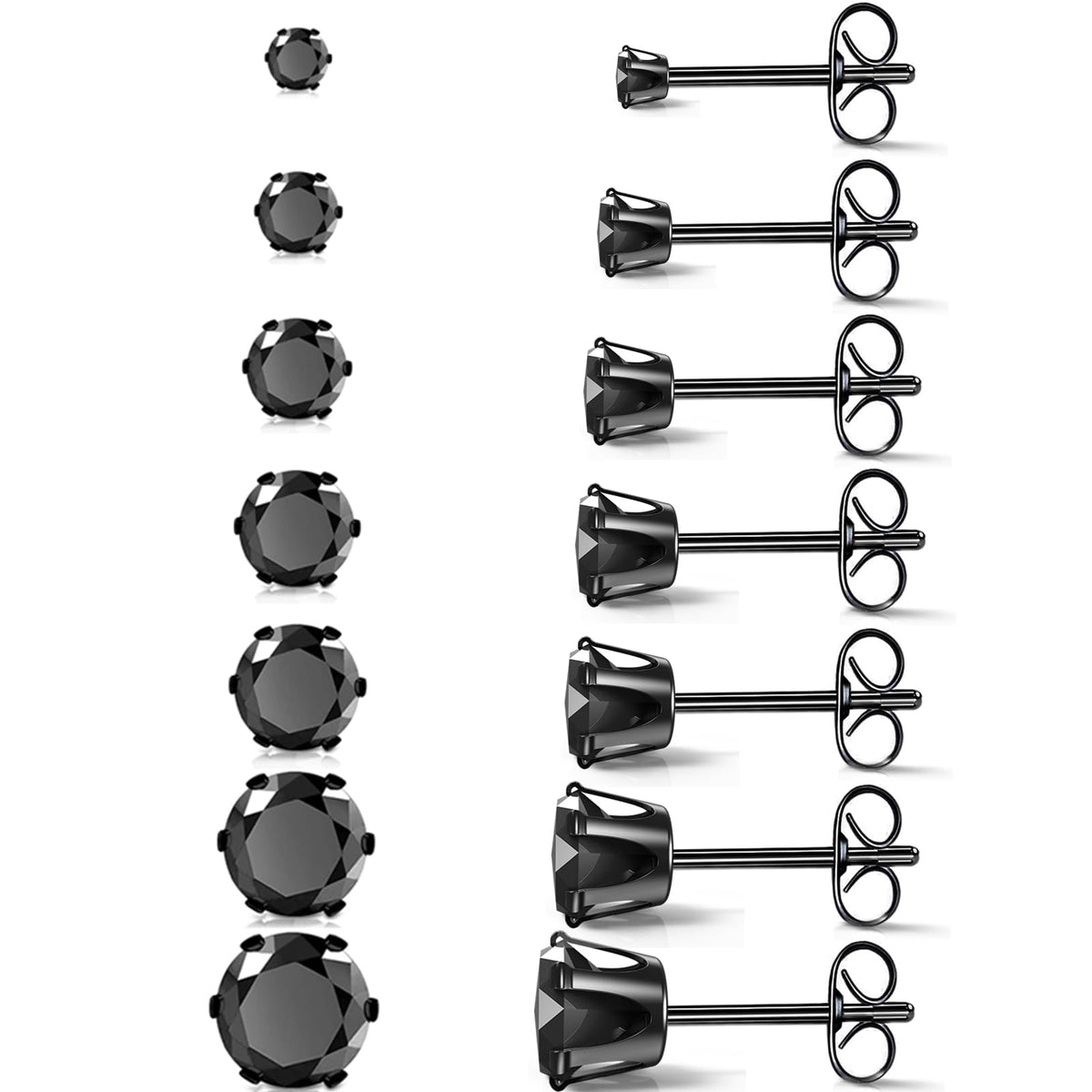 Silver Gold Black Stud Earrings Set 7Pairs Hypoallergenic Cubic Zirconia Titanium Stainless Steel Silver Rose Gold Black CZ Cartilage Stud Earrings Jewelry Sets for Women Men, 2-8mm CZ Stud Earrings