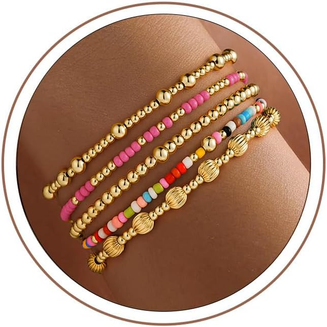 Turandoss 5PCS Gold Beaded Bracelets for Women Teen Girls, 14K Gold Plated