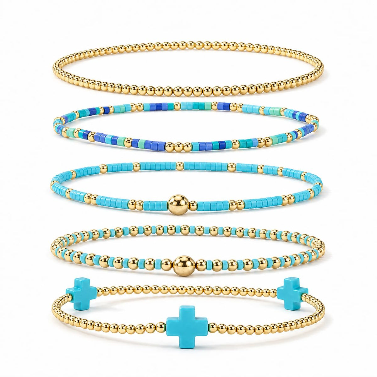Gold Bracelets for Women, Beaded Cross Stack, Non Tarnish Set，Set-1