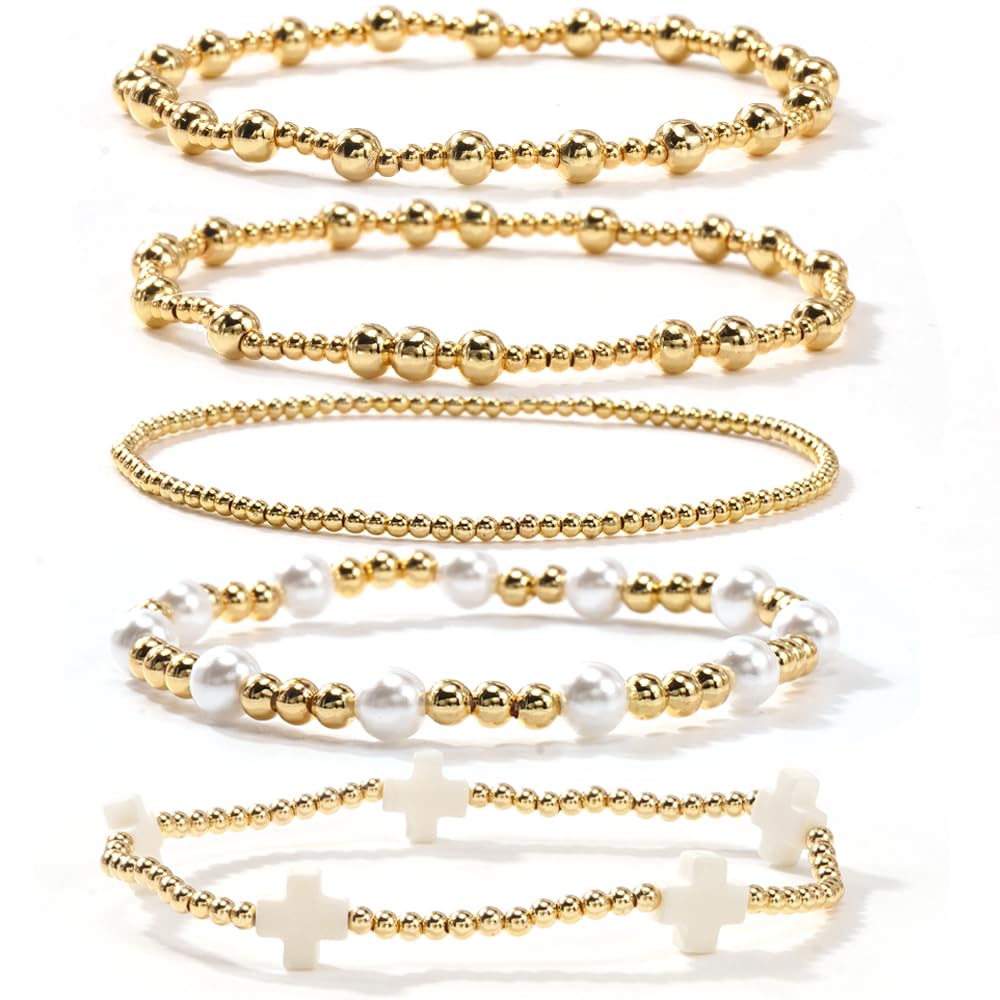 Gold Beaded Bracelets Stack for Women Stackable 14K Gold Plated Beads Ball Cross Bracelet Boho Christian Jewelry Faith Friendship Birthday Gifts for Women
