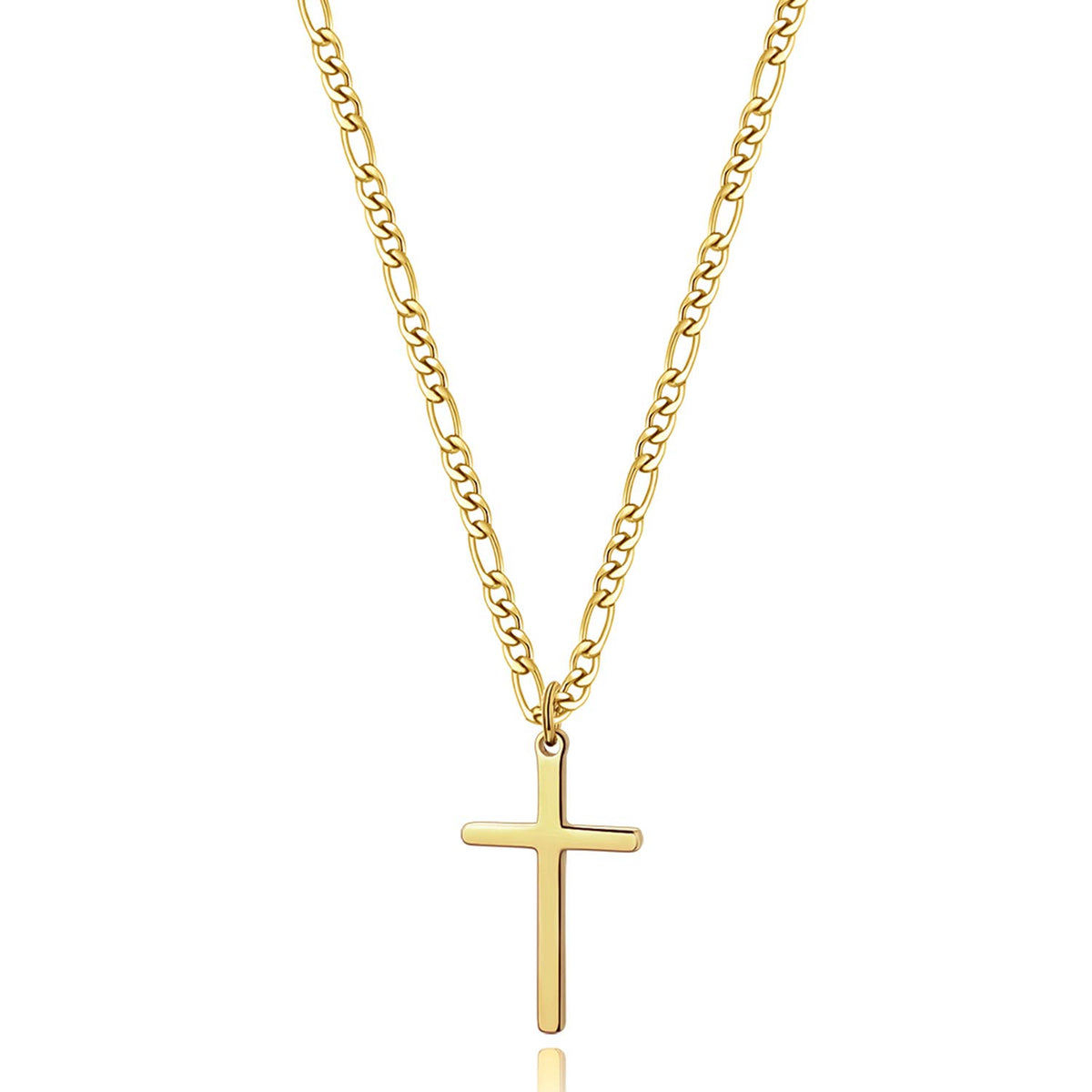 Joxevyia 14K Gold Filled Cross Necklace for Men Figaro Chain Stainless Steel Polished Cross Pendant Necklace Simple Baptism Faith Jewelry Gift
