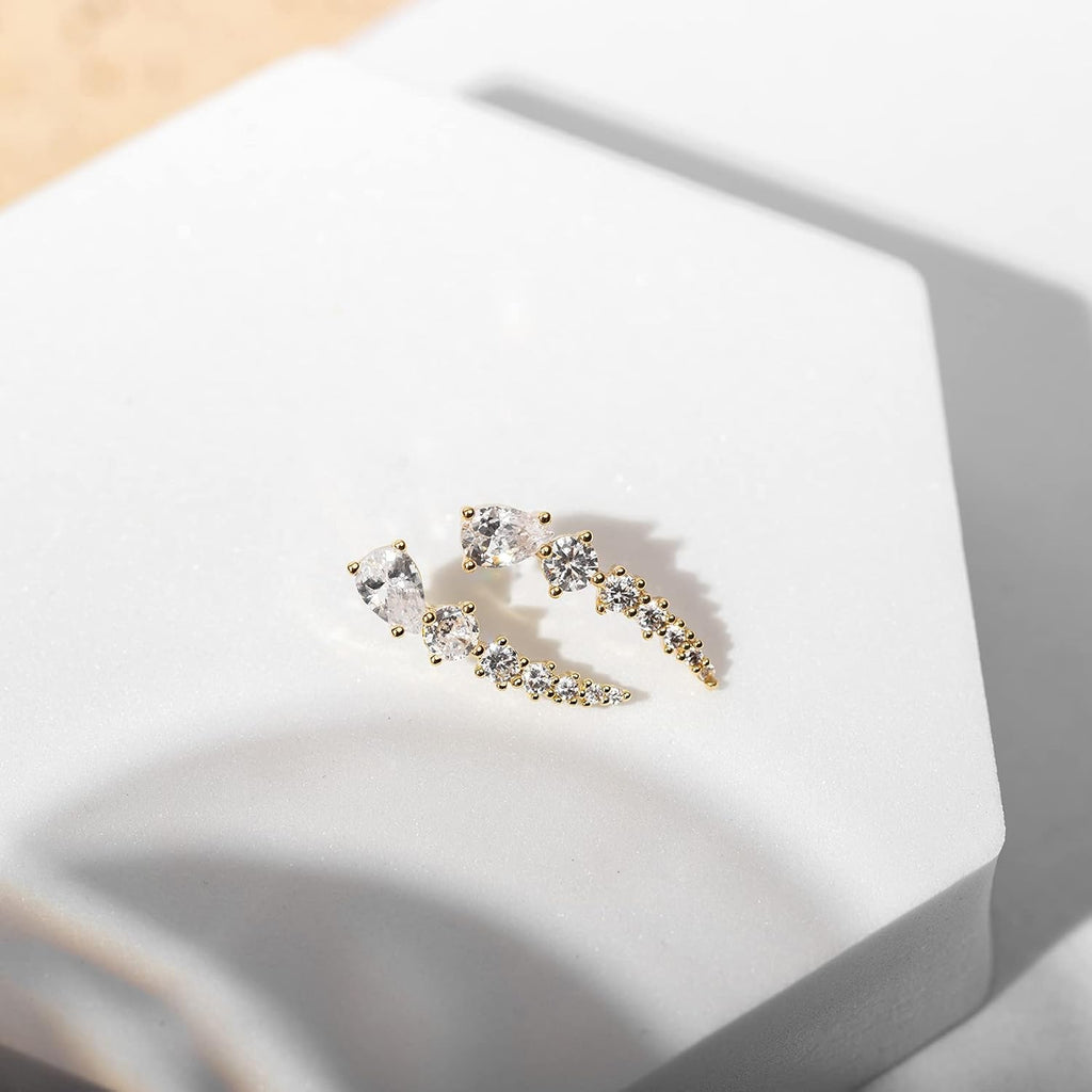 PAVOI 14K Gold Plated Ear Crawler Earrings for Women, CZ Climber Studs