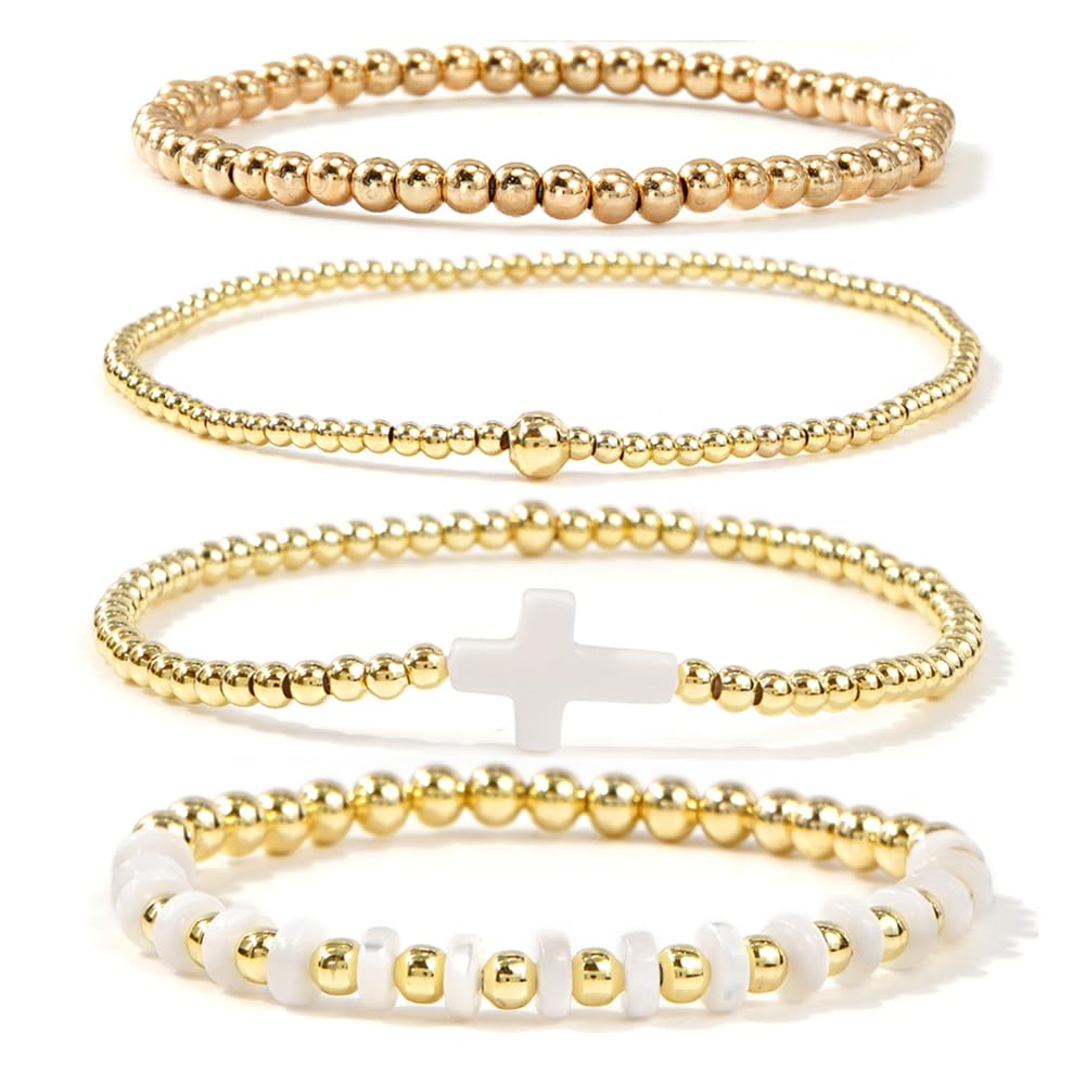 Gold Beaded Bracelets Stack for Women Stackable 14K Gold Plated Beads Ball Cross Bracelet Boho Christian Jewelry Faith Friendship Birthday Gifts for Women