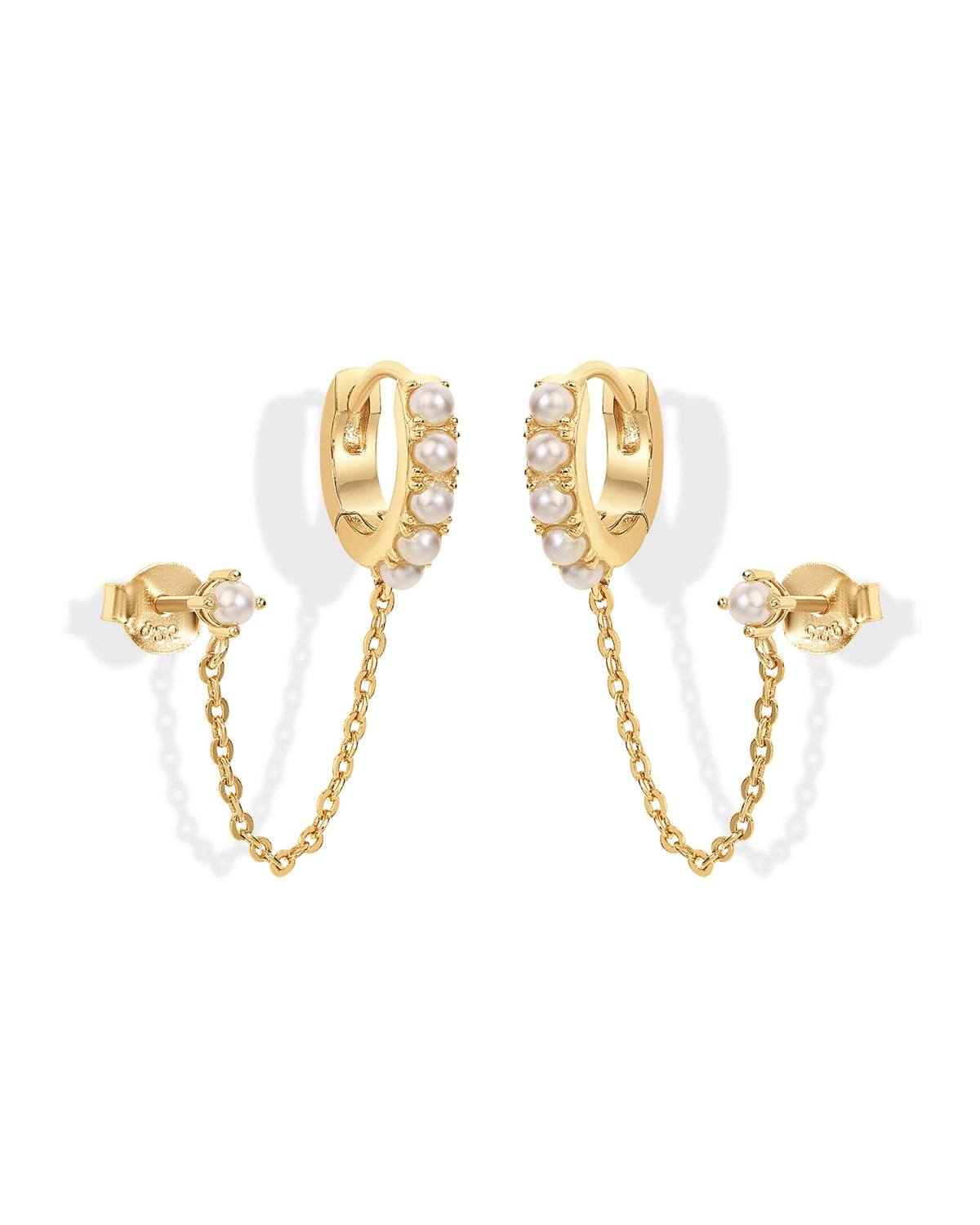 PAVOI 14K Gold Chain Earrings for Women | Double Piercing Dangle Chain Huggie Hoop Earrings | Cubic Zirconia Pearl Stud Ear Earrings for Women