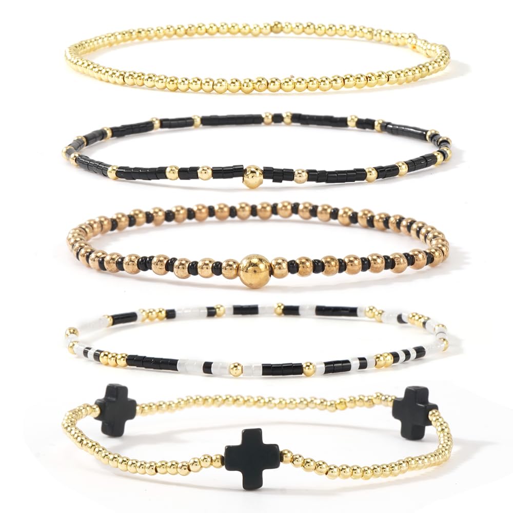 Gold Beaded Bracelets Stack for Women Stackable 14K Gold Plated Beads Ball Cross Bracelet Boho Christian Jewelry Faith Friendship Birthday Gifts for Women