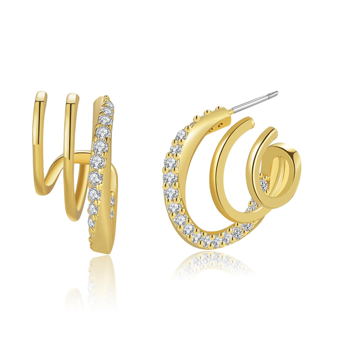 Obidos 14K Gold Plated Illusion Stud Earrings for Women | Triple Huggie Hoop Earrings for One Hole| Trendy Simple Hypoallergenic Fashion Accessories Gold Jewelry Gifts for Womens