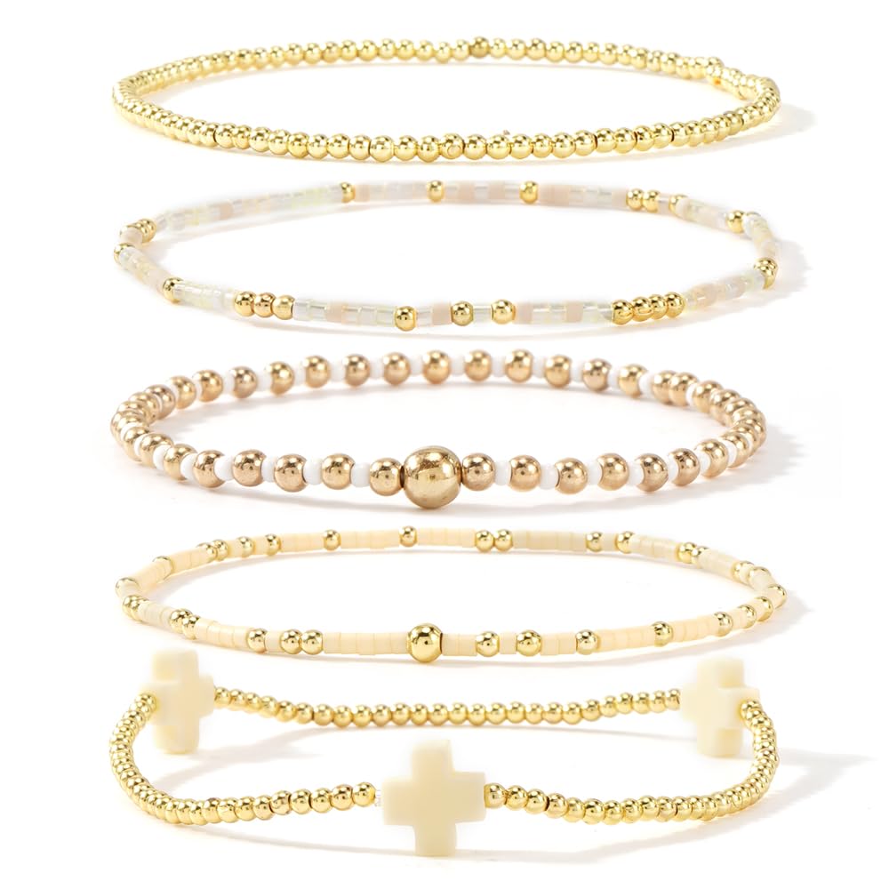 Gold Beaded Bracelets Stack for Women Stackable 14K Gold Plated Beads Ball Cross Bracelet Boho Christian Jewelry Faith Friendship Birthday Gifts for Women