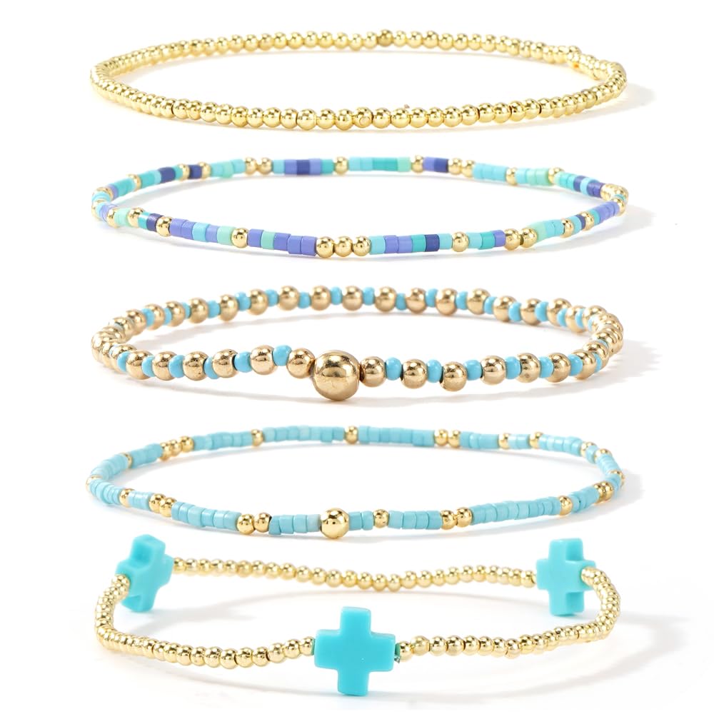 Gold Beaded Bracelets Stack for Women Stackable 14K Gold Plated Beads Ball Cross Bracelet Boho Christian Jewelry Faith Friendship Birthday Gifts for Women