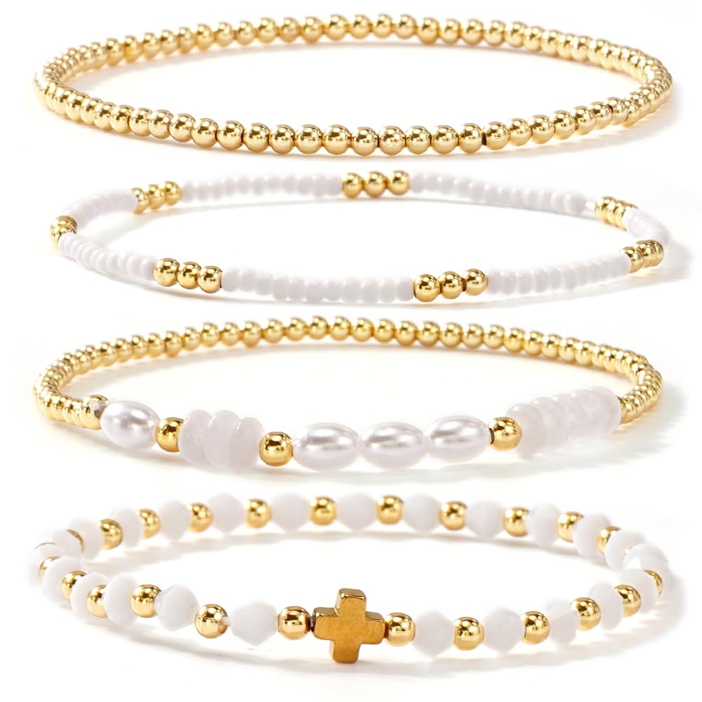 Gold Beaded Bracelets Stack for Women Stackable 14K Gold Plated Beads Ball Cross Bracelet Boho Christian Jewelry Faith Friendship Birthday Gifts for Women