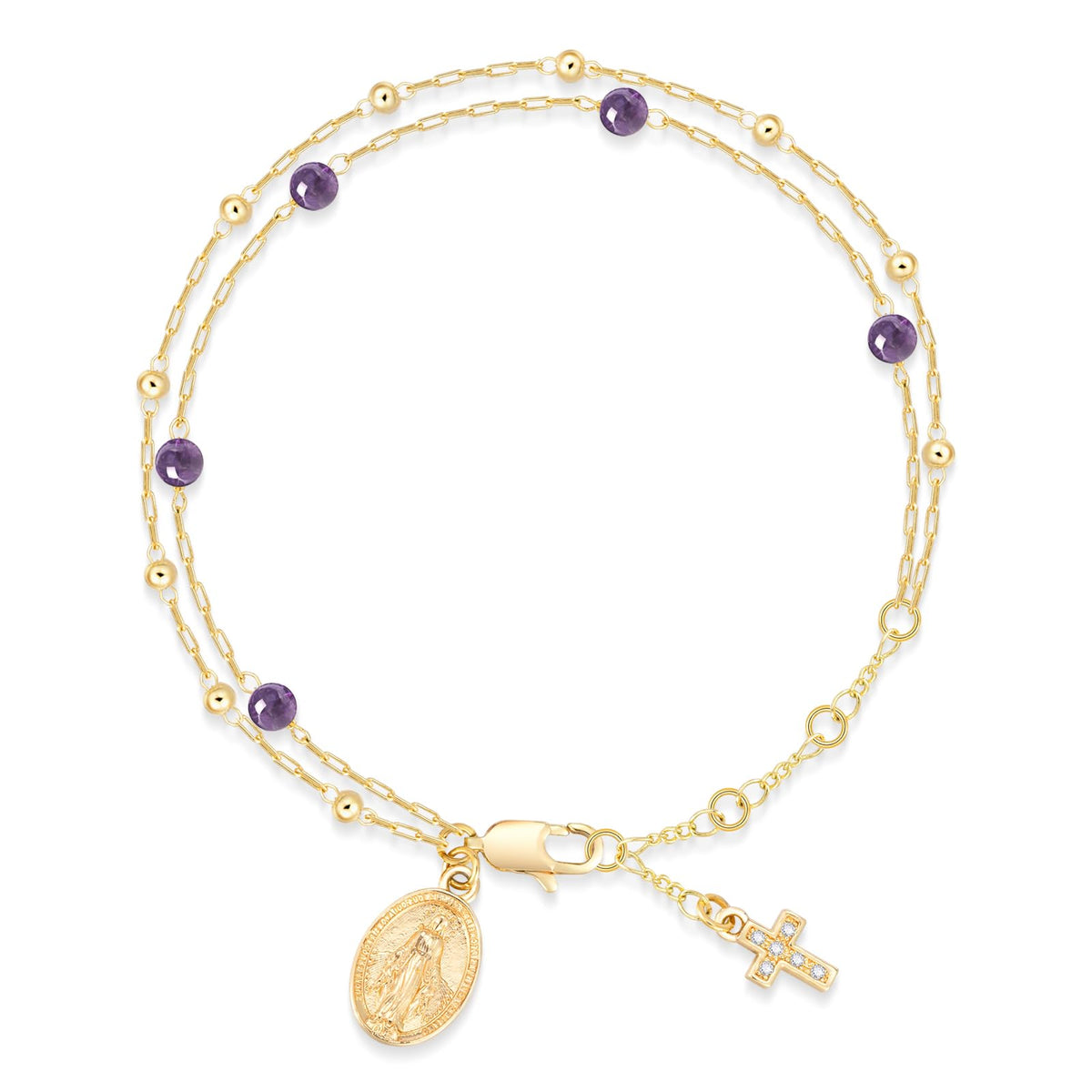 Virgin Mary Cross Bracelet for Women -14K Gold Plated Rosary Chain Bracelet