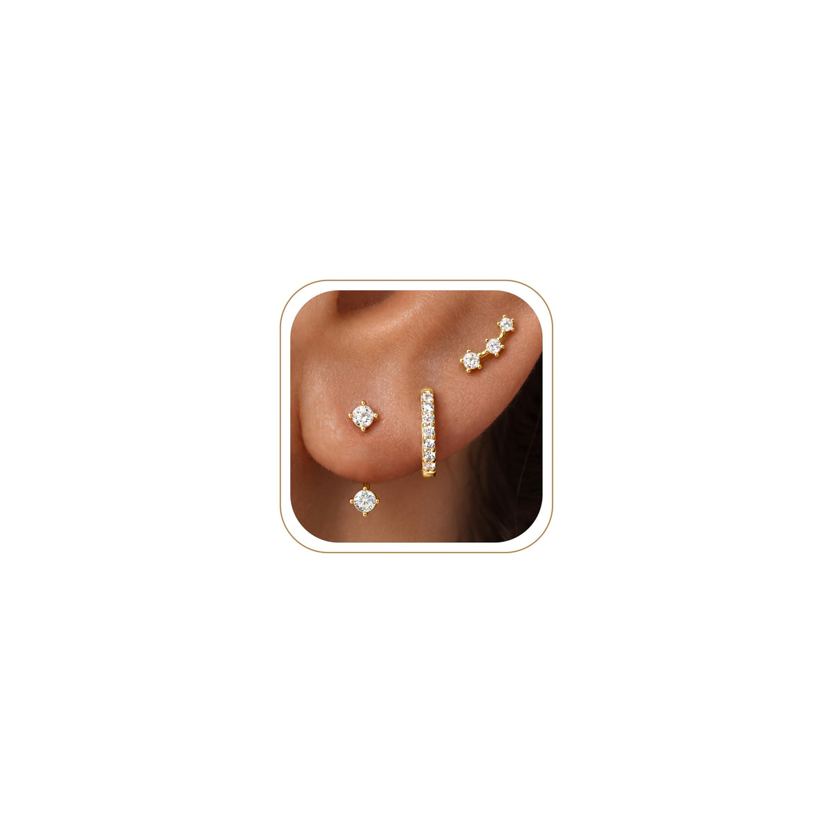 3 Pairs Dainty Small Earrings Set for Women Trendy, Birthstone Stud Huggie Hoop Jacket Stack for Cartilage Helix, Gold Plated Hypoallergenic Cute Women Fashion Accessories Western Jewelry Gifts