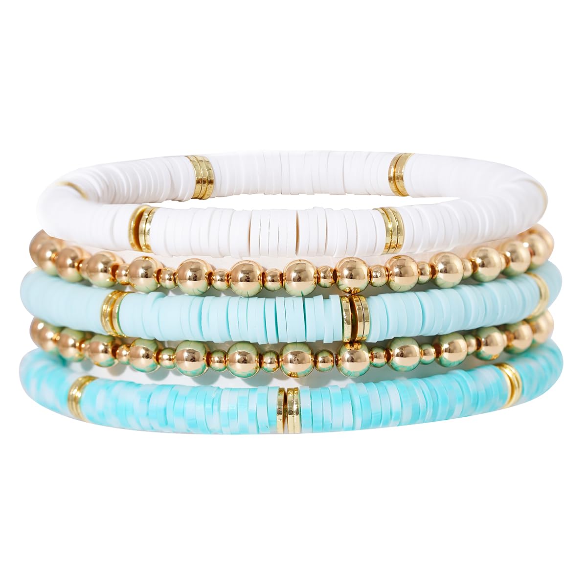 GOOJIDS Surfer Heishi Clay Bead Bracelets for Women Bohemian Stackable Gold Plated Beaded Stretch Bracelets Elastic Layering Friendship Bracelets Set Boho Jewelry