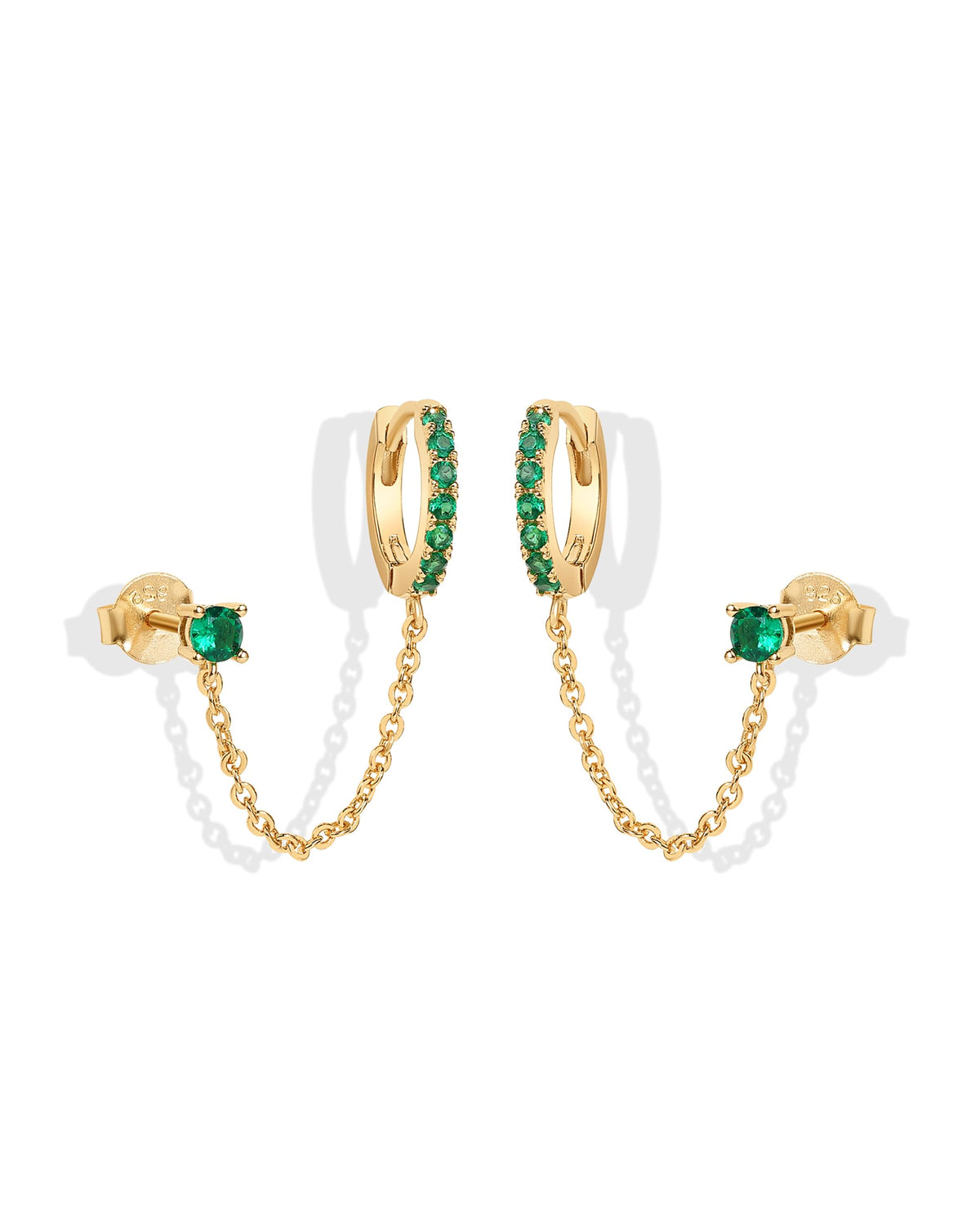 PAVOI 14K Gold Chain Earrings for Women | Double Piercing Dangle Chain Huggie Hoop Earrings | Cubic Zirconia Pearl Stud Ear Earrings for Women