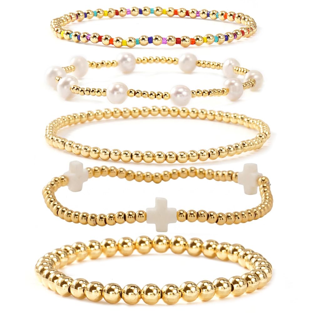 Gold Beaded Bracelets Stack for Women Stackable 14K Gold Plated Beads Ball Cross Bracelet Boho Christian Jewelry Faith Friendship Birthday Gifts for Women