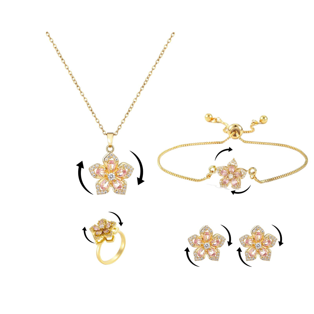 Necklace for Women Gold Flower Fidget Necklace Rotatable Crystal Silver Blossom Pendant Necklaces Adjustable Spinning Fidget Necklaces Redbud Flower Choker Funny Gift Jewelry