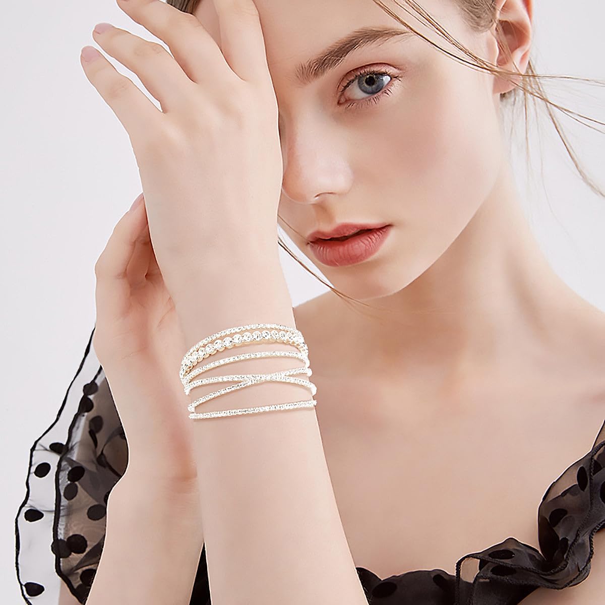 Suyi Rhinestone Bracelet for Women Silver Multilayer Cuff Bracelet Crystal Bridal Bracelets