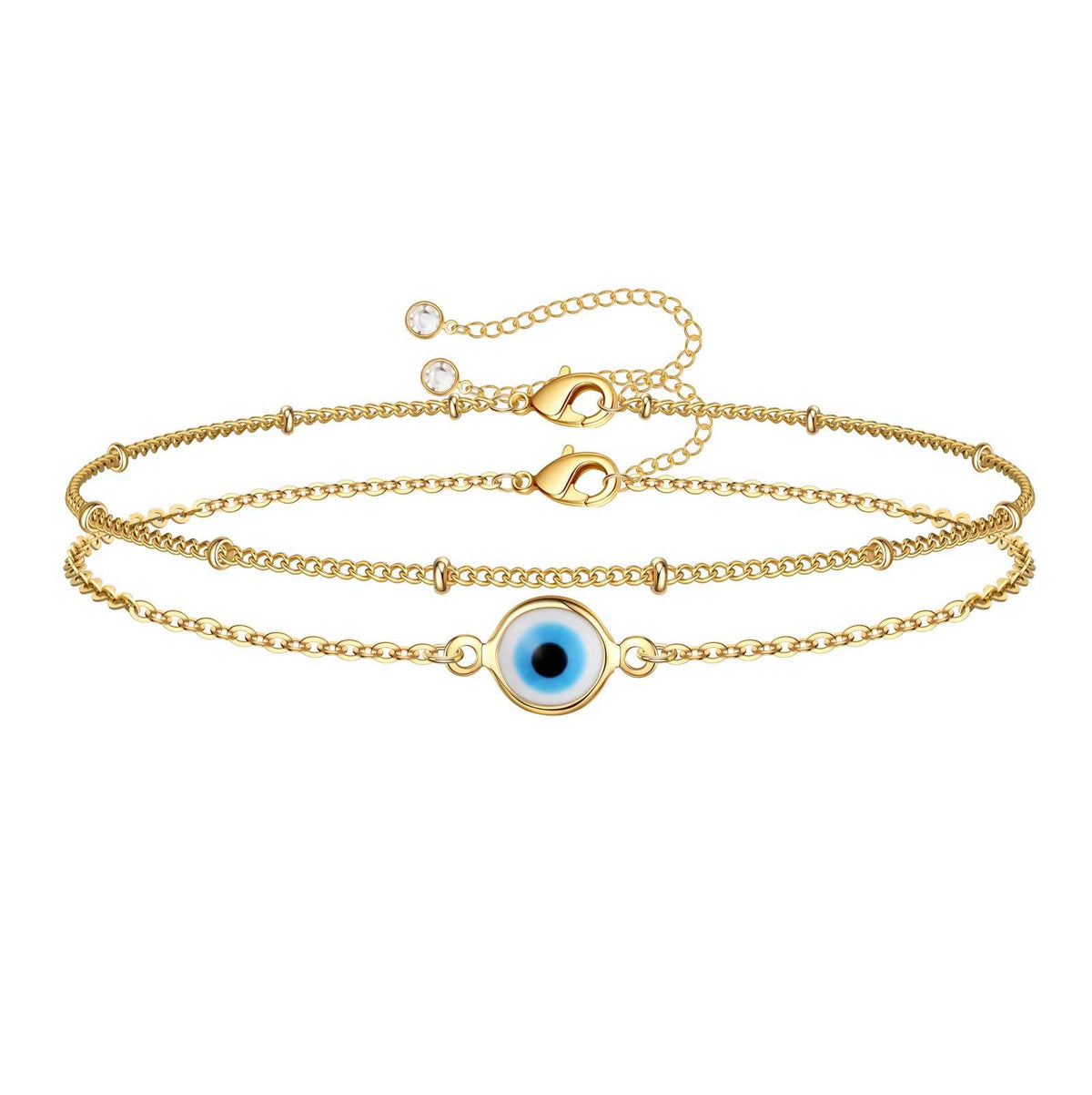 Dainty Gold Bracelets for Women, 14K Gold Plated Adjustable Layered Beads Bracelet Cute Evil Eye Oval Chain Pearl Bar Turtle Gold Bracelets for Women Jewelry