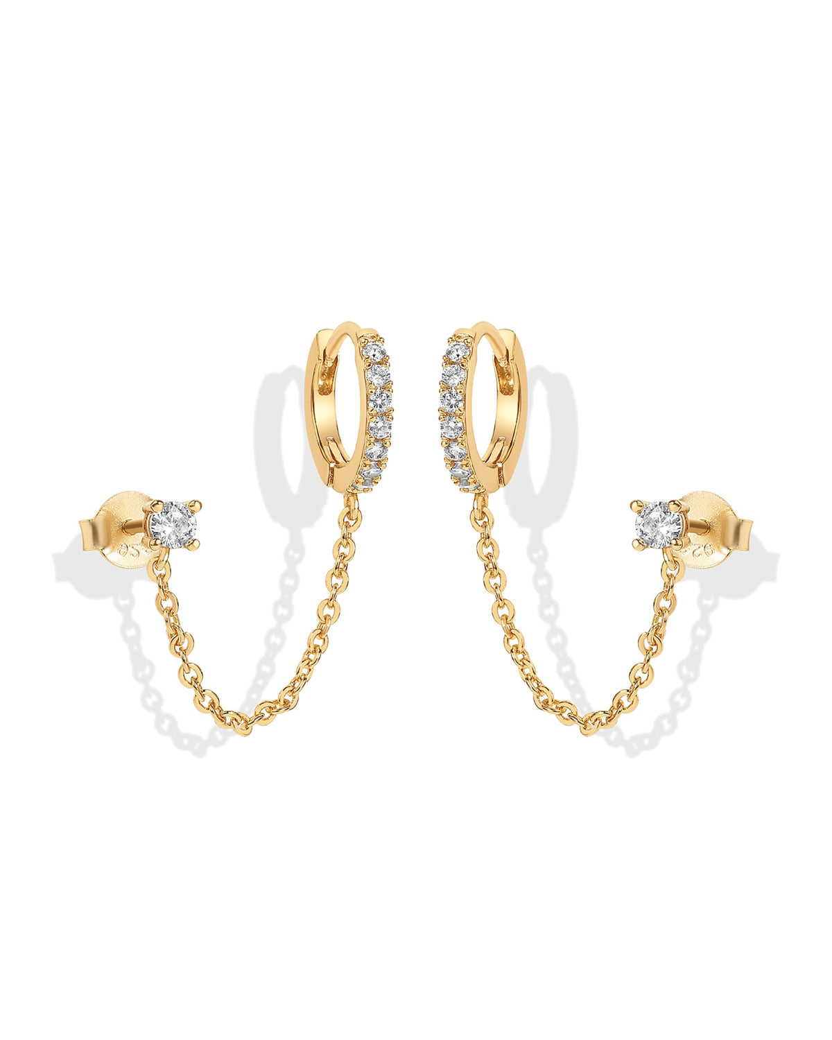PAVOI 14K Gold Chain Earrings for Women | Double Piercing Dangle Chain Huggie Hoop Earrings | Cubic Zirconia Pearl Stud Ear Earrings for Women