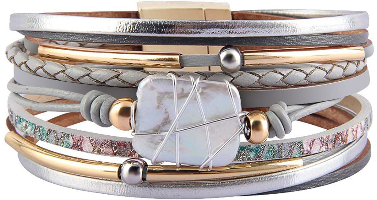 Fesciory Leather Wrap Bracelet for Women, Boho Western Layered Cuff Jewelry