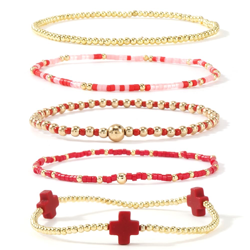 Gold Beaded Bracelets Stack for Women Stackable 14K Gold Plated Beads Ball Cross Bracelet Boho Christian Jewelry Faith Friendship Birthday Gifts for Women