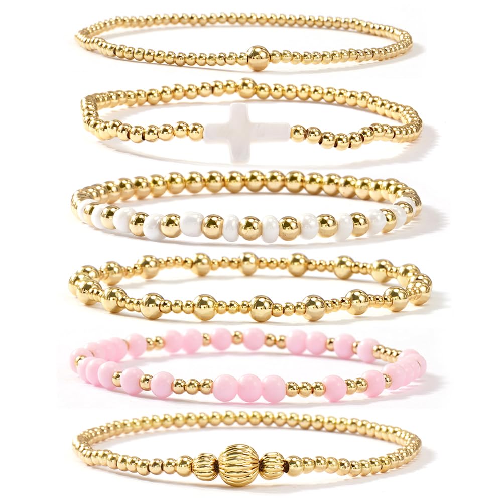 Gold Beaded Bracelets Stack for Women Stackable 14K Gold Plated Beads Ball Cross Bracelet Boho Christian Jewelry Faith Friendship Birthday Gifts for Women