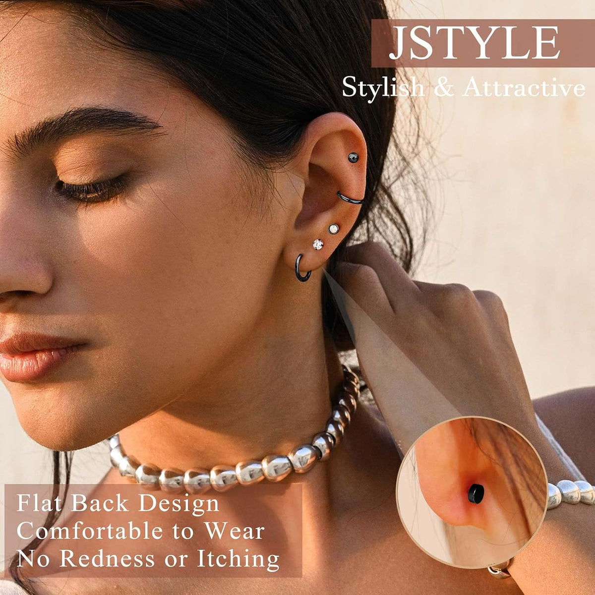 Jstyle Flat Back Earrings Hypoallergenic Surgical Steel Earrings Studs Hoop